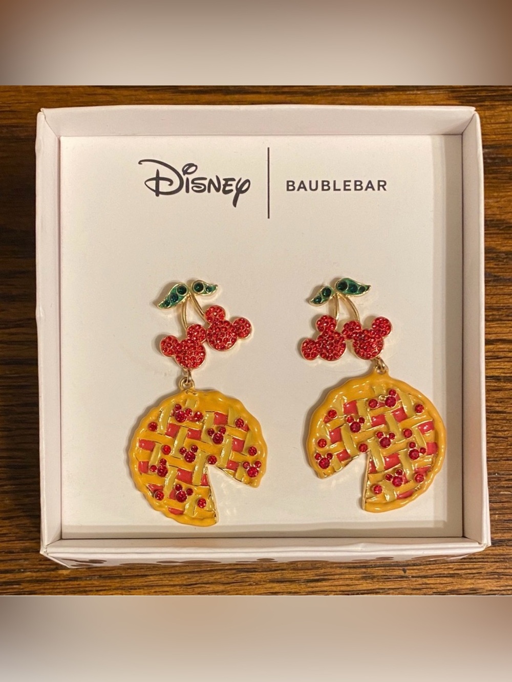 Disney BaubleBar Mickey Cherry Pie Dangle Earrings Rhinestone Gold NWT